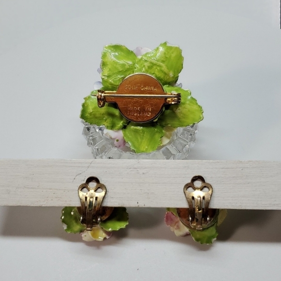 Bone China Brooch & Earrings Set England Vintage Porcelain Floral Bouquet Flower - Picture 4 of 10